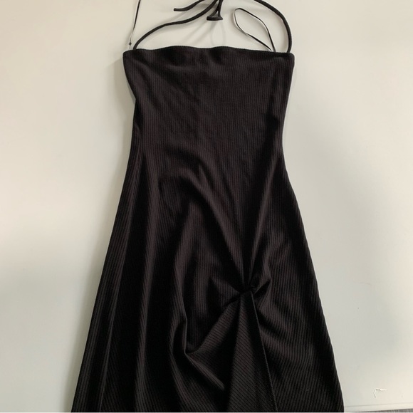 Reformation Hilo Knit Halter Tie Neck Midi Slit Cut Black Rib Faux Wrap Dress XS - Picture 3 of 14